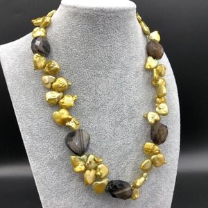 BG Baroque Fresh Water Pearl Necklace Coin Hearts Banded Agate 14K GP 925 Clasp‎